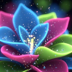 Vivid luminous multicolored flower with bright particles floating around