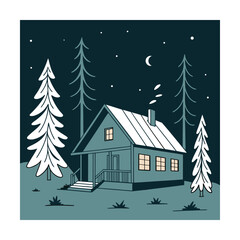 Obraz premium A cozy cabin nestled in a serene forest under a starlit sky, smoke gently rising from the chimney, creating a peaceful winter scene with snowcovered trees and a tranquil atmosphere