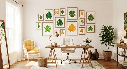Bright and airy home office with botanical prints creating a peaceful and productive workspace
