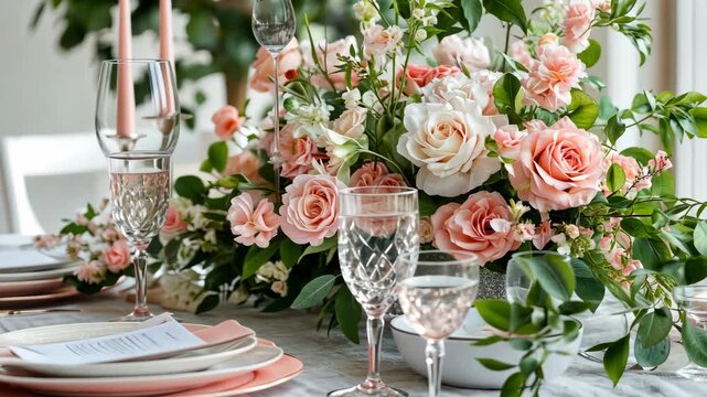 Elegant floral table arrangement with roses and candles for romantic dining ambiance