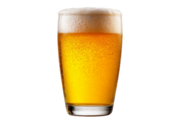 Cold beer glass with golden bubbles and frothy foam in refreshing alcoholic beverage isolated on transparent background
