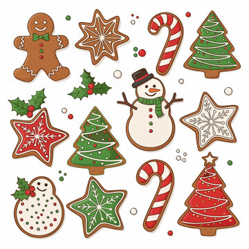 "Set of Christmas Cookies Vector Illustration - Gingerbread Man, Candy Cane, Tree, and Snowman"