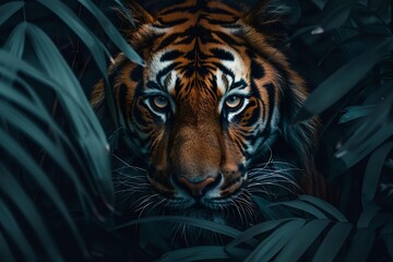 Majestic tiger with intense blue eyes peering through dark tropical foliage, creating dramatic wildlife portrait with mysterious jungle atmosphere.