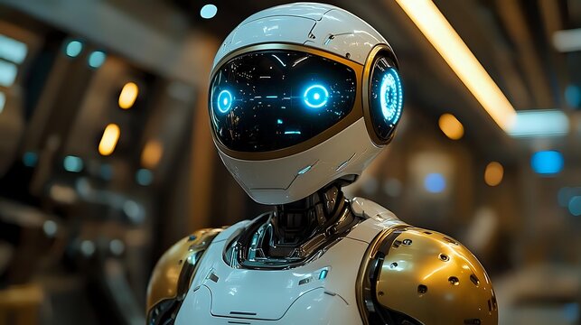 Futuristic robot with glowing blue eyes and white helmet against blurred modern interior background.
