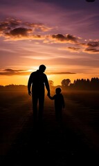 Son walking with his father in suset