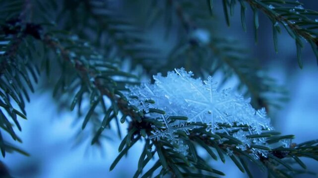 Close-up of a pine branch laden with frost crystals, demonstrating their intricate star-like shapes in a cold, blue-toned environment