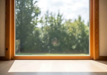 Window framing a summer scene, with bright sunlight on wooden floor