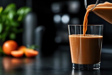 Fresh carrot juice pouring from pitcher into glass on dark countertop with blurred oranges and greenery in background.