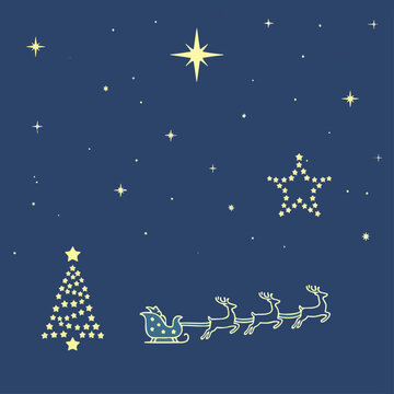 "Christmas Night Sky Background with Star of Bethlehem and Santa's Sleigh"