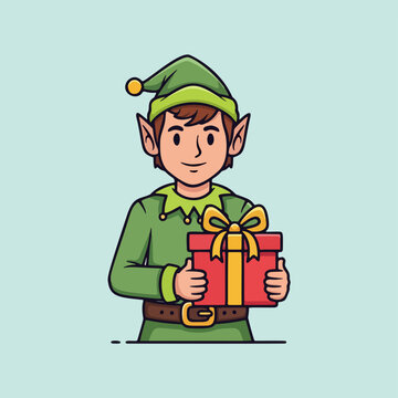 Cute Christmas Elf Cartoon Illustration Holding Red Gift Box