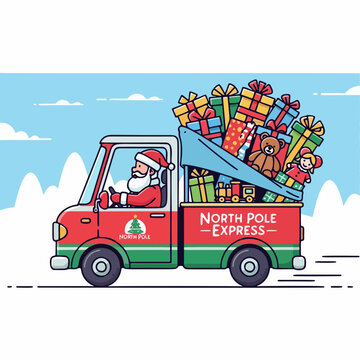 Santa Claus Driving North Pole Express Delivery Truck Full of Gifts
