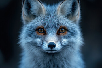 Obraz premium A stunning close-up of a silver fox with distinct amber eyes. The focus is on the animal's face, highlighting the thick fur, fine whiskers, and soft, cool light. 