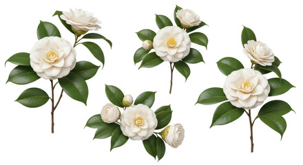 Fototapeta premium Elegant white camellias with lush green leaves for sophisticated designs perfect for wedding invitations and branding projects