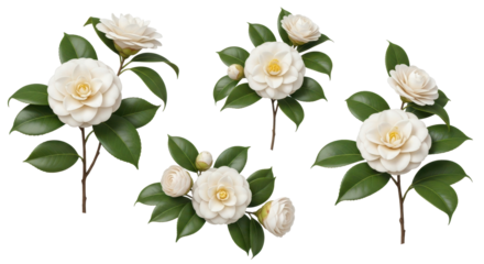 Elegant white camellias with lush green leaves for sophisticated designs perfect for wedding invitations and branding projects