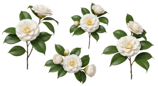 Elegant white camellias with lush green leaves for sophisticated designs perfect for wedding invitations and branding projects