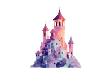 Watercolor fantasy castle with purple towers and magical pastel fairytale village isolated on transparent background