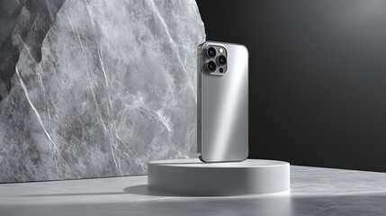 Sleek modern silver smartphone with multiple camera lenses displayed on a minimalist white pedestal against a textured icy background and dark studio backdrop