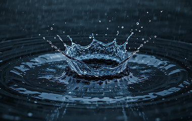 A captivating close-up of a water droplet impact, creating a perfect crown-shaped splash and expanding ripples on a dark blue water surface
