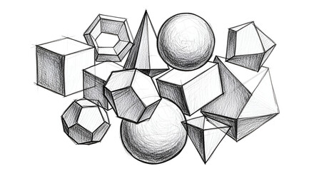 Dynamic sketch of geometric shapes cube sphere pyramid, perfect for art, design, and education projects, conveying creativity, precision, and conceptual thinking
