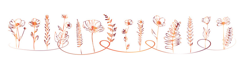 Floral botanical composition with organic plant shapes, blossoms and slender stems presented in a clean, modern line art style.