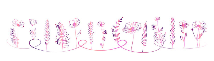 Minimal botanical illustration showing stylized flower forms, curved stems and natural plant structures in a balanced floral arrangement.