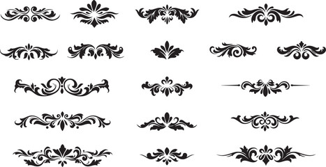 Elegant Black Decorative Design Elements Set Ornate Floral Flourishes, Swirls, and Vintage Vector Border Accents