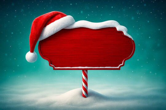 Red wooden Christmas sign with Santa hat on snowy background for holiday greetings and festive winter messages