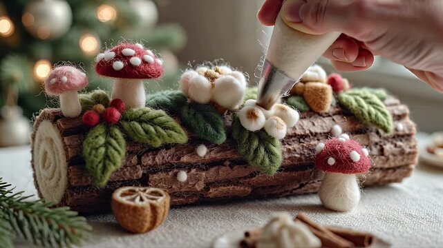Festive Holiday Decor Featuring Whimsical Wool Felt Log with Mushrooms and Garnishments