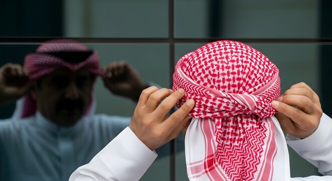 Back-view of a Bahraini man&rsquo;s hands tying a traditional red-checkered ghutra knot. The clever reflection in a mirrored window focuses solely on the precise finger movement.

