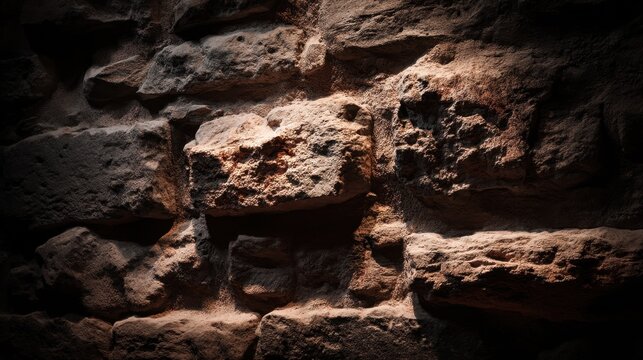 Textured Stone Wall with Dramatic Lighting Highlighting the Surface Details of Rough and Weathered Rock in Natural Earthy Tones for Artistic Backgrounds