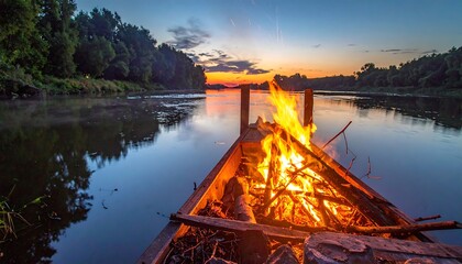 A boat on a serene river, ablaze with a campfire, under an orange-and-blue sunset sky. Trees line the banks, creating a peaceful scene