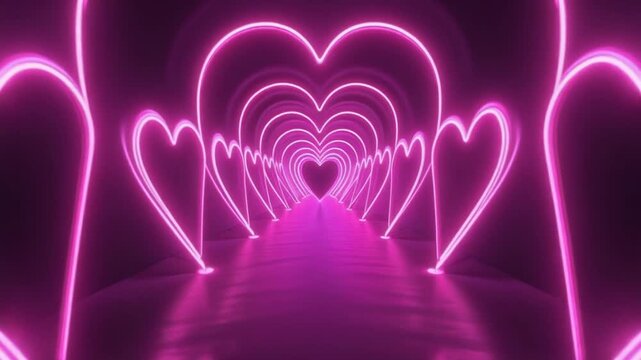 Endless neon pink heart tunnel abstract background