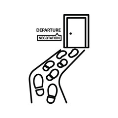 Black and white line art icon showing a path of footprints leading to a door labeled departure and negotiation, isolated on