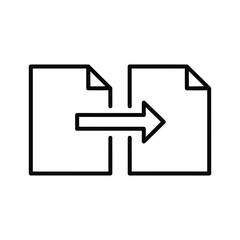 Fototapeta premium Simple black and white line icon representing document transfer or file conversion process with an arrow between two pages isolated on
