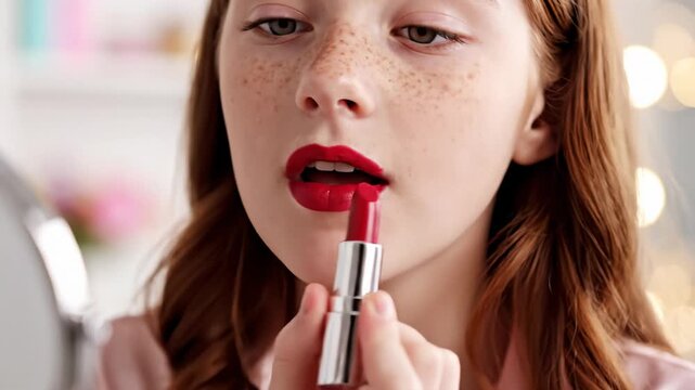 Teen Girl Applying Red Lipstick to Lips, Close Up