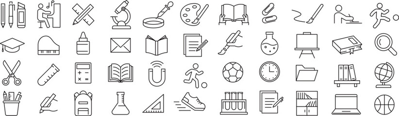 ベクターでモノクロの学用品に関する線画アイコンセット
