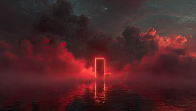 A dramatic scene of red clouds, water, and a glowing rectangular portal under a moody sky