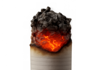 Cigarette burning with visible red ember and accumulating ash, symbolizing addiction, unhealthy habits, and health risks, on transparent background