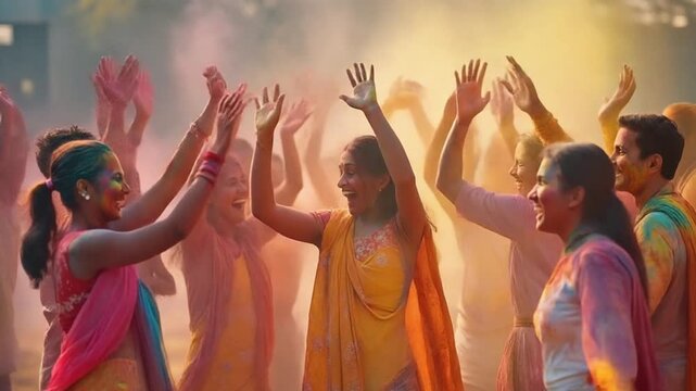 Joyful people celebrating holi festival with colorful powders - Powered by Adobe