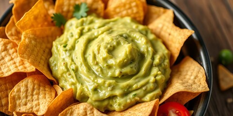 Creamy guacamole served with crispy tortilla chips, appetizer, ingredient