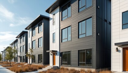 Modern townhouses stand in row under blue sky. Exteriors feature hardie plank siding, large windows. Buildings showcase contemporary design with clean lines in residential complex community
