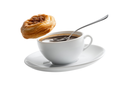 Fresh hot coffee in a white cup with spoon and floating flaky pastry isolated on transparent background