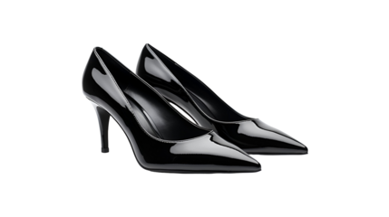 Black patent leather heels gleam in studio lighting on a transparent background. Great for product showcase, e-commerce, social media design.
