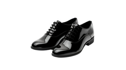Black patent leather dress shoes gleam in studio lighting. Ideal for product photography or branding materials.