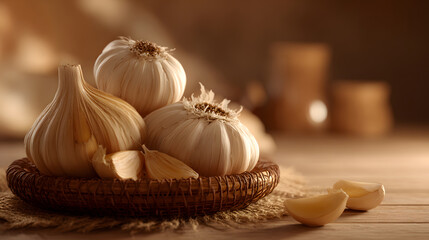 Close up of fresh garlic bulbs and cloves artfully arranged in a rustic basket on a wooden surface with warm soft lighting creating an inviting and natural atmosphere for culinary inspiration
