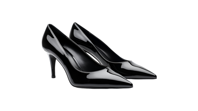 Black patent leather heels gleam in studio lighting on a transparent background. Great for product showcase, e-commerce, social media design.