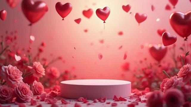 Romantic valentine s day podium with roses and heart balloons