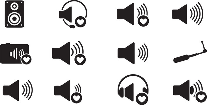 Collection of versatile audio icons, featuring speakers, headphones, and volume controls with heart accents, perfect for sound-related user interface designs
