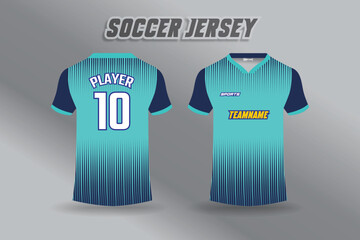 Soccer jersey design with blue and teal gradient stripes, front and back view