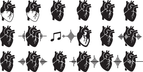 Dynamic visual sequence depicting the human heart's intrinsic rhythm and its profound connection to music, showcased through stylized anatomical illustrations with integrated sound waves